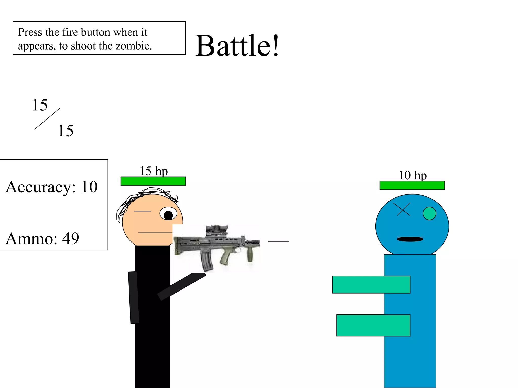 Battle! 10 hp 15 hp 15 15 Accuracy: 10 Ammo: 49 Press the fire button when it appears, to shoot the zombie. 