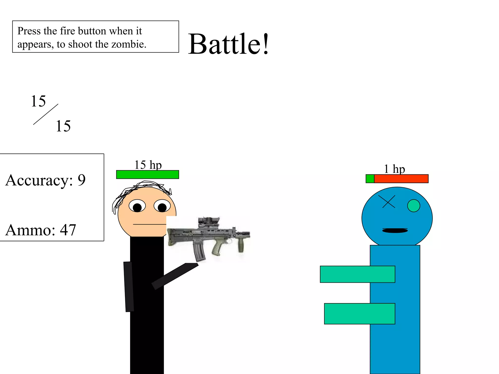 Battle! 1 hp 15 hp 15 15 Accuracy: 9 Ammo: 47 Press the fire button when it appears, to shoot the zombie. 