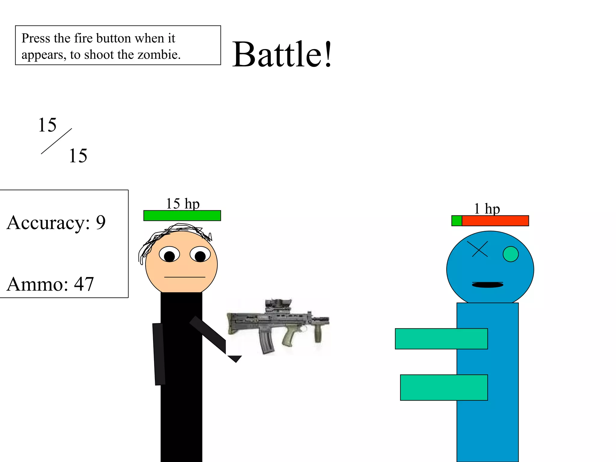 Battle! 1 hp 15 hp 15 15 Accuracy: 9 Ammo: 47 Press the fire button when it appears, to shoot the zombie. 