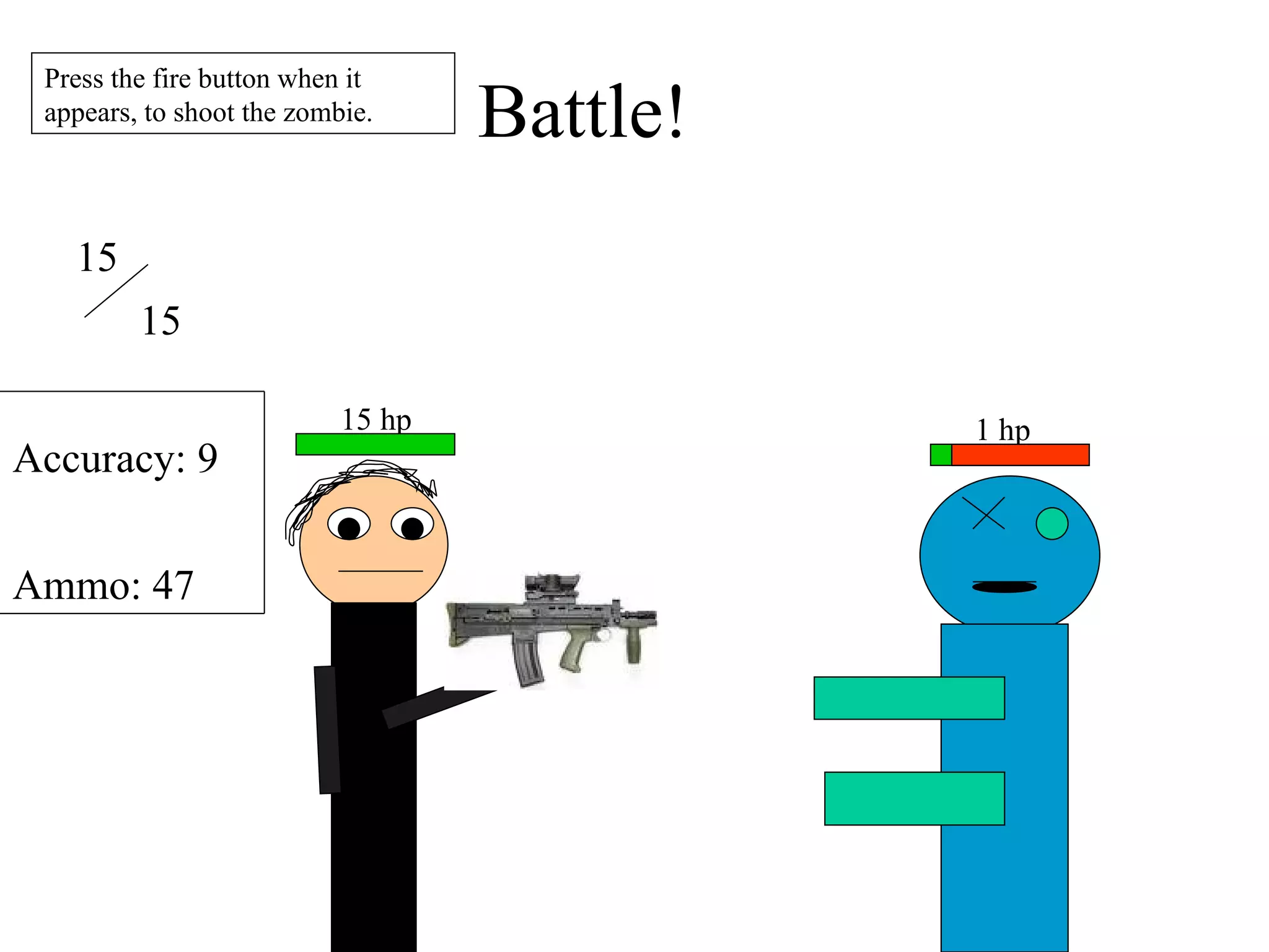 Battle! 1 hp 15 hp 15 15 Accuracy: 9 Ammo: 47 Press the fire button when it appears, to shoot the zombie. 