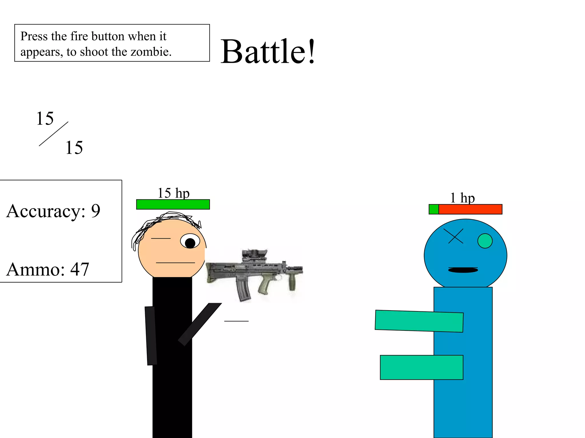 Battle! 1 hp 15 hp 15 15 Accuracy: 9 Ammo: 47 Press the fire button when it appears, to shoot the zombie. 