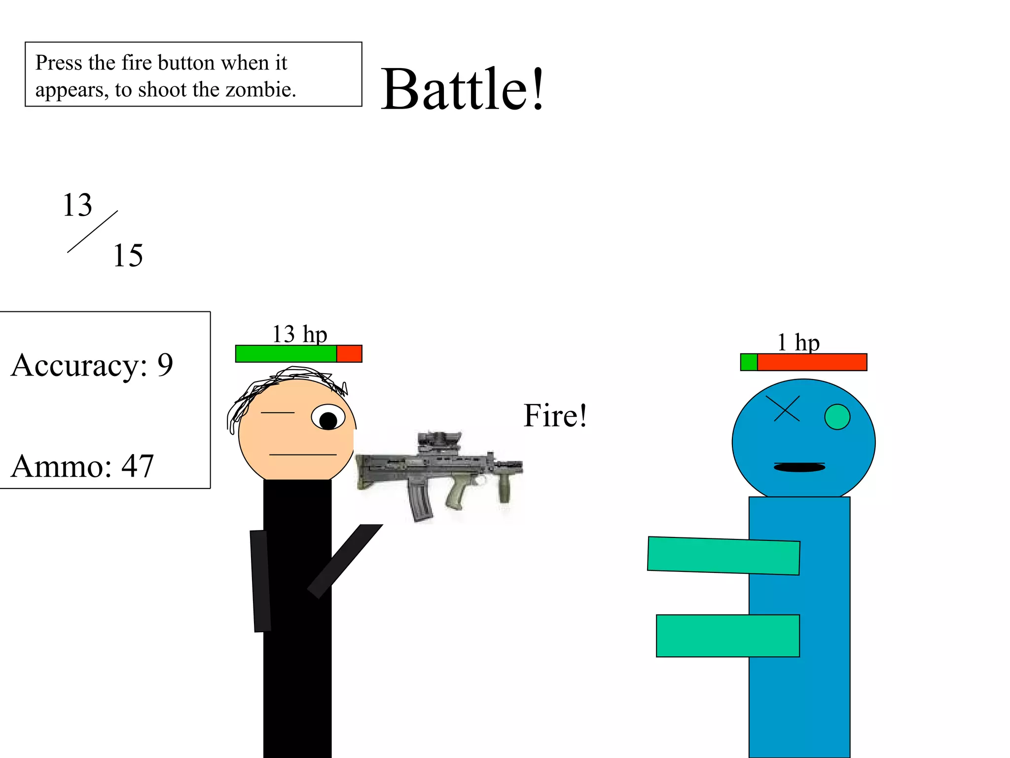 Battle! 1 hp 13 hp 13 15 Accuracy: 9 Ammo: 47 Press the fire button when it appears, to shoot the zombie. Fire! 