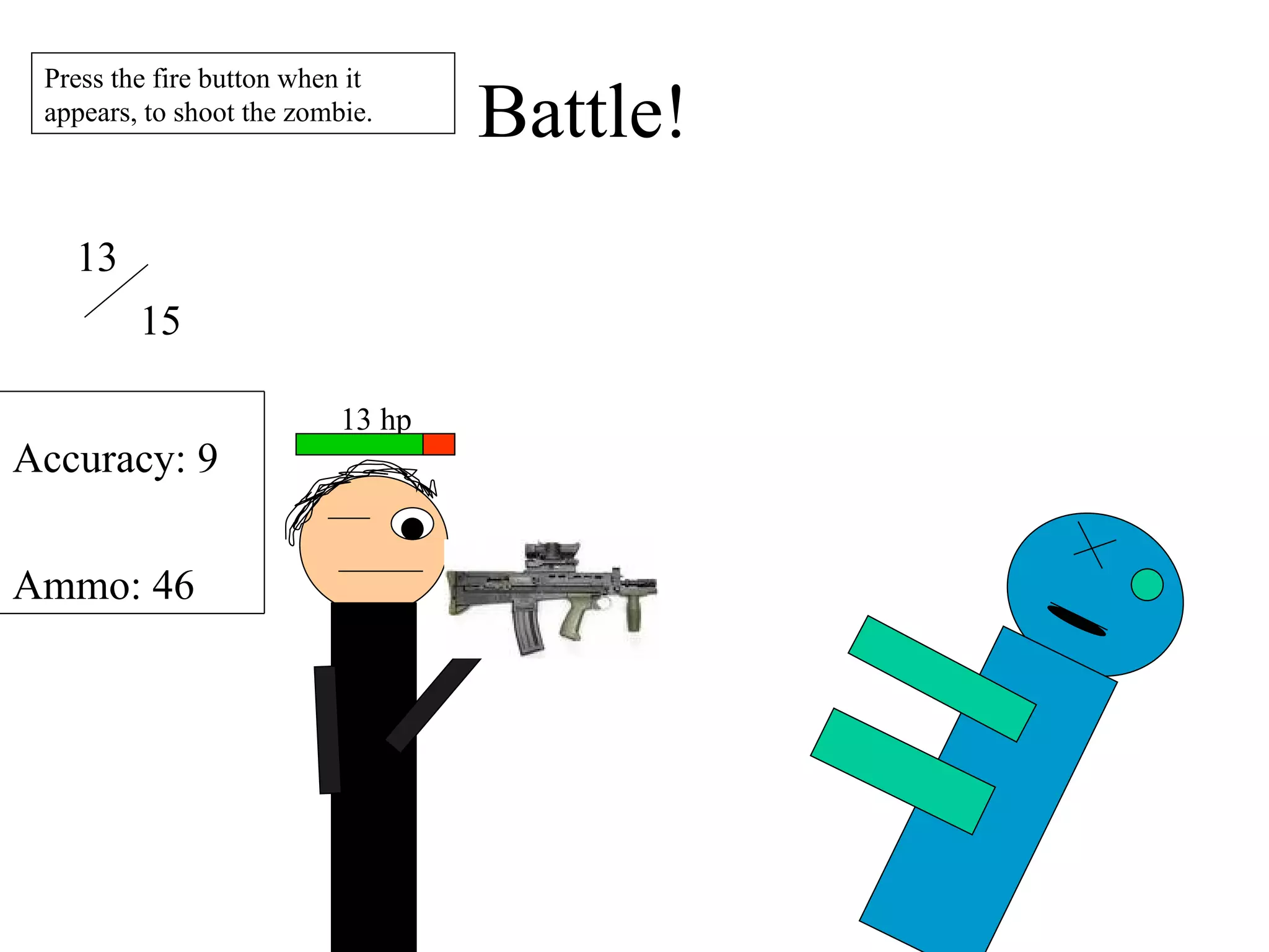 Battle! 13 hp 13 15 Accuracy: 9 Ammo: 46 Press the fire button when it appears, to shoot the zombie. 