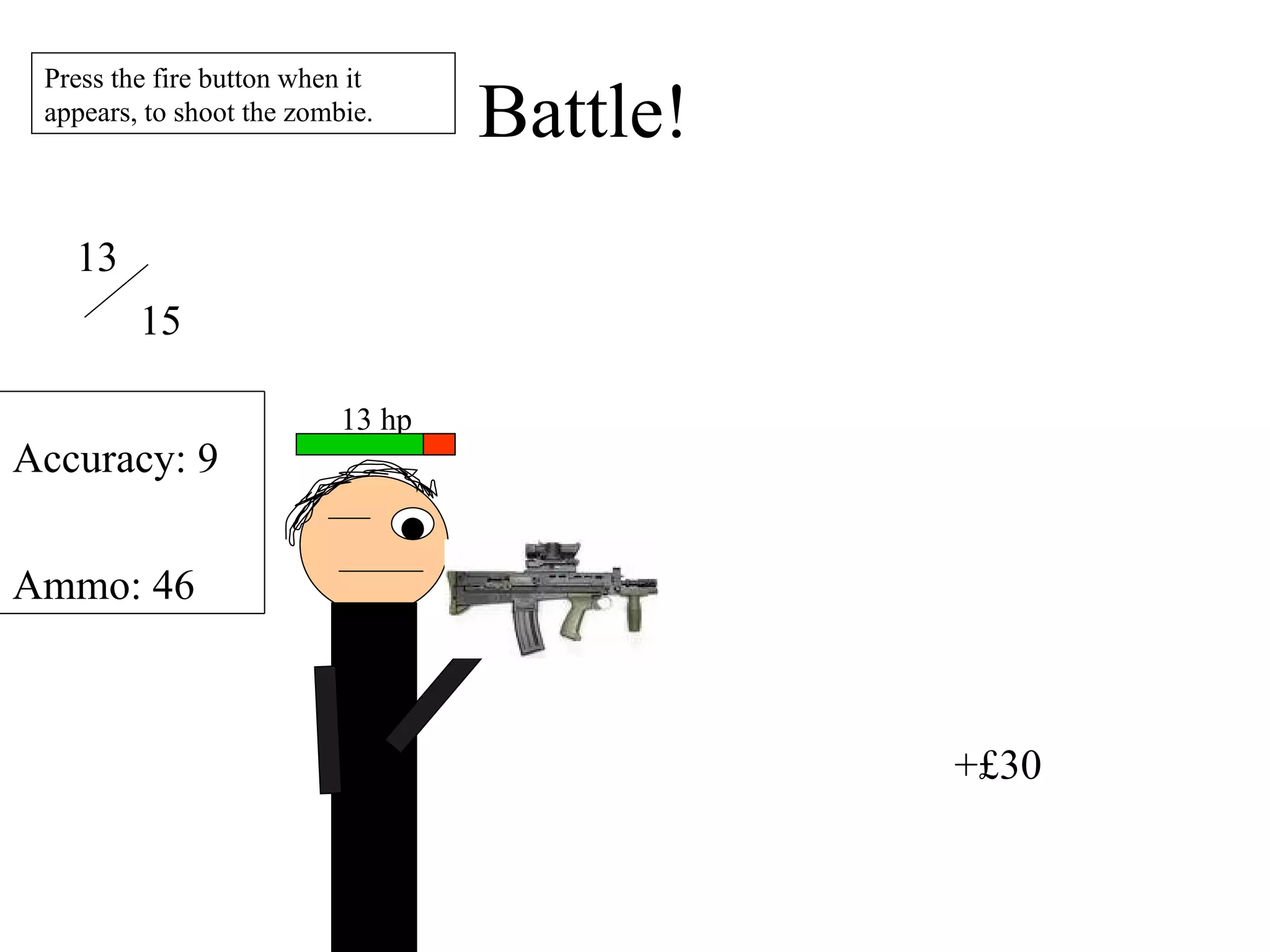 Battle! 13 hp 13 15 Accuracy: 9 Ammo: 46 Press the fire button when it appears, to shoot the zombie. +£30 