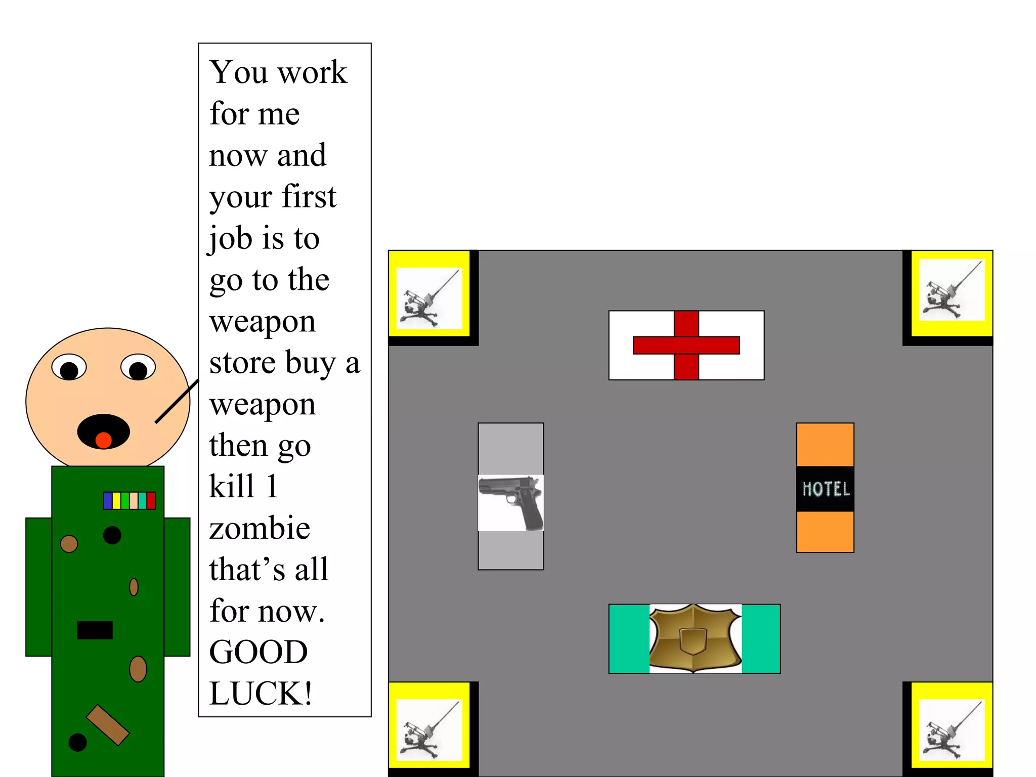 You work for me now and your first job is to go to the weapon store buy a weapon then go kill 1 zombie that’s all for now. GOOD LUCK! 
