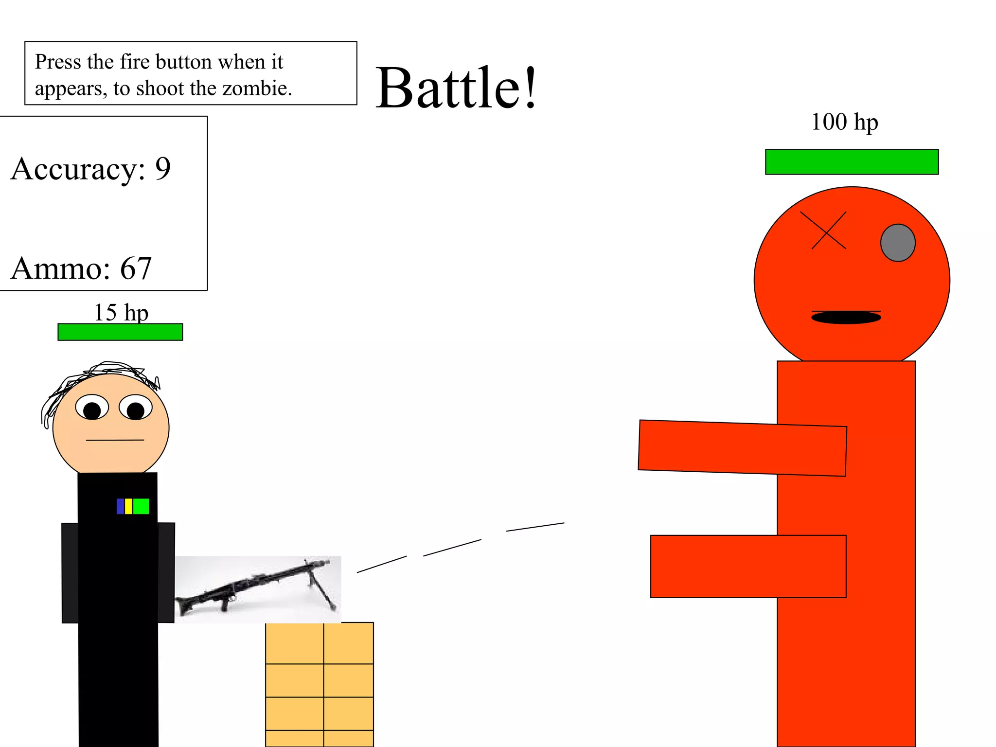 100 hp Press the fire button when it appears, to shoot the zombie. Battle! 15 hp Accuracy: 9 Ammo: 67 