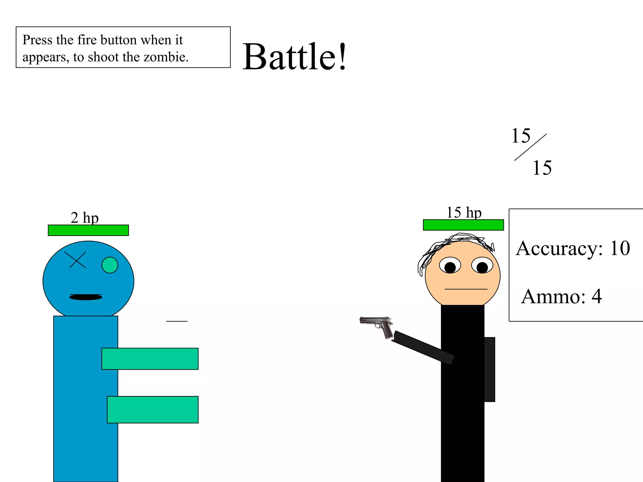 Battle! 2 hp 15 15 Accuracy: 10 Ammo: 4 Press the fire button when it appears, to shoot the zombie. 15 hp 