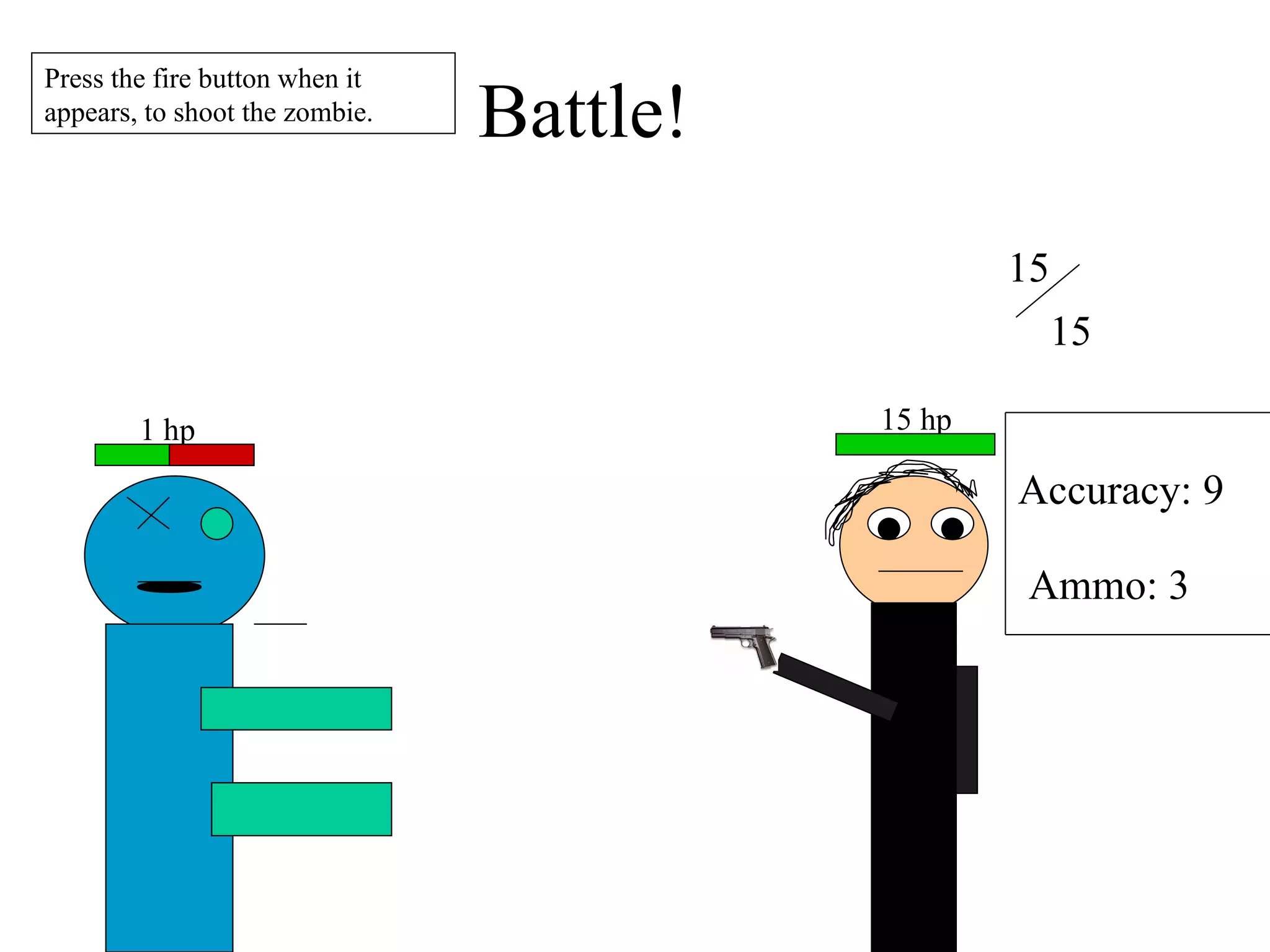 Battle! 1 hp 15 15 Accuracy: 9 Ammo: 3 Press the fire button when it appears, to shoot the zombie. 15 hp 