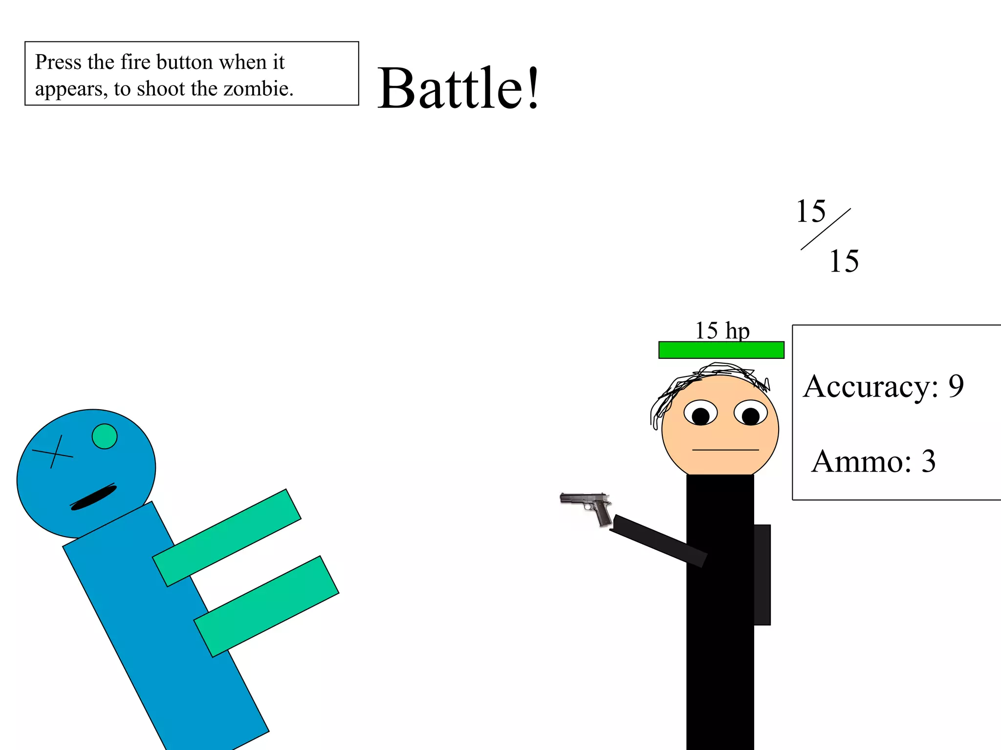 Battle! 15 15 Accuracy: 9 Ammo: 3 Press the fire button when it appears, to shoot the zombie. 15 hp 