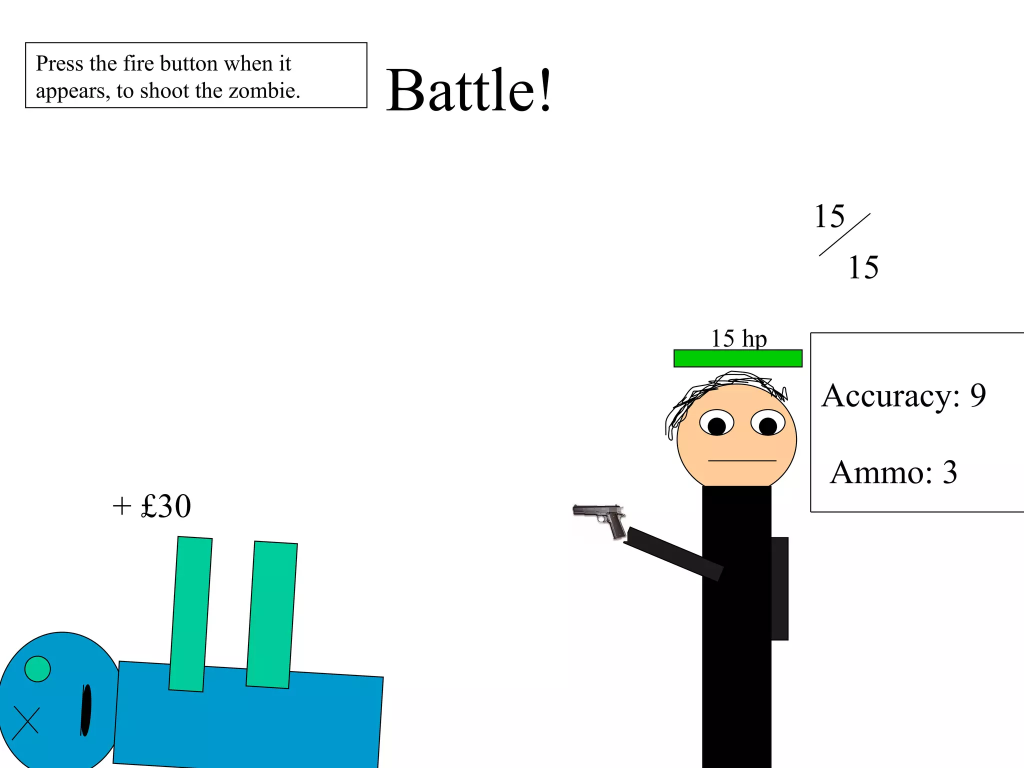 Battle! 15 15 Accuracy: 9 Ammo: 3 Press the fire button when it appears, to shoot the zombie. + £30 15 hp 