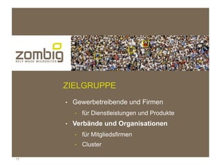 ZIELGRUPPE
     ●   Gewerbetreibende und Firmen
         ●   für Dienstleistungen und Produkte
     ●   Verbände und Organisationen
         ●   für Mitgliedsfirmen
         ●   Cluster

11
 