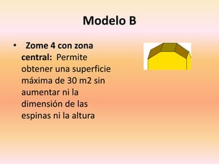 Modelo B
• Zome 4 con zona
  central: Permite
  obtener una superficie
  máxima de 30 m2 sin
  aumentar ni la
  dimensión ...