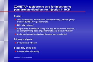 ZOMETA™ (zoledronic acid for injection) vs pamidronate disodium for injection in HCM Design Two randomized, double-blind, double-dummy, parallel-group  trials of ZOMETA vs pamidronate 287 HCM patients 1 Single dose of ZOMETA (4 mg or 8 mg) as a 5-minute infusion,  or a single 90-mg dose of pamidronate as a 2-hour infusion 1 A planned pooled analysis of the data was conducted Primary end point  Comparative efficacy Secondary end point Comparative tolerability 1.  Major P, et al.  J Clin Oncol.  In press.   
