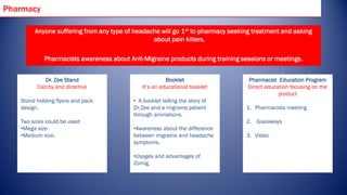 Pharmacy

        Anyone suffering from any type of headache will go 1st to pharmacy seeking treatment and asking
                                                about pain killers.

            Pharmacists awareness about Anti-Migraine products during training sessions or meetings.


            Dr. Zee Stand                              Booklet                   Pharmacist Education Program
         Catchy and directive                It’s an educational booklet         Direct education focusing on the
                                                                                             product
   Stand holding flyers and pack          • A booklet telling the story of
   design.                                Dr.Zee and a migraine patient         1. Pharmacists meeting
                                          through animations.
   Two sizes could be used:                                                     2. Giveaways
   •Mega size                             •Awareness about the difference
   •Medium size.                          between migraine and headache         3. Video
                                          symptoms.

                                          •Usages and advantages of
                                          Zomig.
 