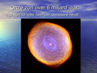 Onze zon over 6 miljard jaar:Onze zon over 6 miljard jaar:
ingestort tot witte dwerg in ‘planetaire nevel’ingestort tot witte dwerg in ‘planetaire nevel’
 