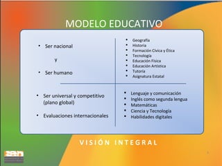 MODELO EDUCATIVO









• Ser nacional
y
• Ser humano

• Ser universal y competitivo
(plano global)
• Evaluaciones internacionales







Geografía
Historia
Formación Cívica y Ética
Tecnología
Educación Física
Educación Artística
Tutoría
Asignatura Estatal

Lenguaje y comunicación
Inglés como segunda lengua
Matemáticas
Ciencia y Tecnología
Habilidades digitales

VISIÓN INTEGRAL
3

 