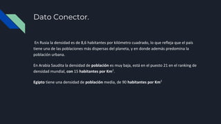 Dato Conector.
En Rusia la densidad es de 8,6 habitantes por kilómetro cuadrado, lo que refleja que el país
tiene una de las poblaciones más dispersas del planeta, y en donde además predomina la
población urbana.
En Arabia Saudita la densidad de población es muy baja, está en el puesto 21 en el ranking de
densidad mundial, con 15 habitantes por Km2
.
Egipto tiene una densidad de población media, de 90 habitantes por Km2
 