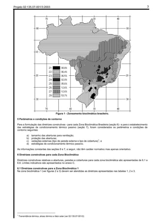 Projeto 02:135.07-001/3:2003 3
Figura 1 - Zoneamento bioclimático brasileiro.
5 Parâmetros e condições de contorno
Para a formulação das diretrizes construtivas - para cada Zona Bioclimática Brasileira (seção 6) - e para o estabelecimento
das estratégias de condicionamento térmico passivo (seção 7), foram considerados os parâmetros e condições de
contorno seguintes:
a) tamanho das aberturas para ventilação;
b) proteção das aberturas;
c) vedações externas (tipo de parede externa e tipo de cobertura)1
; e
d) estratégias de condicionamento térmico passivo.
As informações constantes das seções 6 e 7, a seguir, não têm caráter normativo mas apenas orientativo.
6 Diretrizes construtivas para cada Zona Bioclimática
Diretrizes construtivas relativas a aberturas, paredes e coberturas para cada zona bioclimática são apresentadas de 6.1 a
6.8. Limites indicativos são apresentados no anexo C.
6.1 Diretrizes construtivas para a Zona Bioclimática 1
Na zona bioclimática 1 (ver figuras 2 e 3) devem ser atendidas as diretrizes apresentadas nas tabelas 1, 2 e 3.
1
Transmitância térmica, atraso térmico e fator solar (ver 02:135.07-001/2)
 