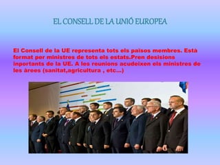 EL CONSELL DE LA UNIÓ EUROPEA 
El Consell de la UE representa tots els països membres. Està 
format per ministres de tots els estats.Pren desisions 
inportants de la UE. A les reunions acudeixen els ministres de 
les àrees (sanitat,agricultura , etc…) 
 