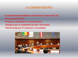 LA COMISSIÓ EUROPEA 
La comissió europea defensa els interessos comuns de la UE. 
*És el govern de la UE. 
*Proposa al parlament i al consell les lleis. 
*Assegura que es compleixen les lleis i els tractats. 
*Està formada per 27 comisaris i un president. 
 