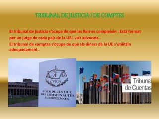 TRIBUNAL DE JUSTICIA I DE COMPTES 
El tribunal de justicia s’ocupa de què les lleis es compleixin . Està format 
per un jutge de cada país de la UE i vuit advocats . 
El tribunal de comptes s’ocupa de què els diners de la UE s’utilitzin 
adequadament . 
 