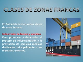 En Colombia existen varias clases
de zonas francas:

Industriales de bienes y servicios.
Para promover y desarrollar el
proceso de industrialización y la
prestación de servicios médicos
destinados principalmente a los
mercados externos.
 
