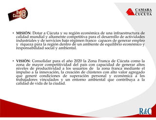• MISIÓN: Dotar a Cúcuta y su región económica de una infraestructura de
calidad mundial y altamente competitiva para el desarrollo de actividades
industriales y de servicios bajo régimen franco capaces de generar empleo
y riqueza para la región dentro de un ambiente de equilibrio económico y
responsabilidad social y ambiental.
• VISIÓN: Consolidar para el año 2020 la Zona Franca de Cúcuta como la
zona de mayor competitividad del país con capacidad de generar altos
niveles de productividad a los usuarios de la zona franca mediante el
impulso a la innovación, la creación de clústeres con alto valor agregado
que generé condiciones de superación personal y económica a los
trabajadores vinculados y un entorno ambiental que contribuya a la
calidad de vida de la ciudad.
 