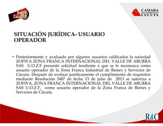 SITUACIÓN JURÍDICA- USUARIO
OPERADOR
• Posteriormente y avaluado por algunos usuarios calificados la sociedad
ZOFIVA ZONA FRANCA INTERNACIONAL DEL VALLE DE ABURRA
SAS U.O.Z.F presentó solicitud tendiente a que se le reconozca como
usuario operador de la Zona Franca Industrial de Bienes y Servicios de
Cúcuta. Después de evaluar jurídicamente el cumplimiento de requisitos
mediante Resolución 5487 de fecha 13 de julio de 2013 se autoriza a
ZOFIVA, ZONA FRANCA INTERNACIONAL DEL VALLE DE ABURRA
SAS U.O.Z.F, como usuario operador de la Zona Franca de Bienes y
Servicios de Cúcuta.
 