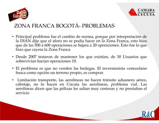 ZONA FRANCA BOGOTÁ- PROBLEMAS
• Principal problema fue el cambio de norma, porque por interpretación de
la DIAN dijo que el aforo no se podía hacer en la Zona Franca, esto hizo
que de las 500 a 600 operaciones se bajara a 20 operaciones. Esto fue lo que
hizo que cayera la Zona Franca
• Desde 2007 trataron de mantener los que existían, de 30 Usuarios que
sobrevivían hacían operaciones 10.
• El problema es que no venden las bodegas. El inversionista venezolano
busca como opción un terreno propio, es comprar.
• Limitación transporte, las aerolíneas no hacen tránsito aduanero aéreo,
cabotaje, no lo hacen en Cúcuta las aerolíneas, problema vial. Las
aerolíneas dicen que las pólizas les salían muy costosas y no prestaban el
servicio
 