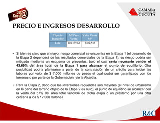 PRECIO E INGRESOS DESARROLLO
INMOBILIARIOTipo de
Inmueble
M2 Para
Venta
Valor Venta
M2
Lote 104,159.62 $402,848
• Si bien es claro que el mayor riesgo comercial se encuentra en la Etapa 1 (el desarrollo de
la Etapa 2 dependerá de los resultados comerciales de la Etapa 1), su riesgo podría ser
mitigado mediante un esquema de preventas, bajo el cual sería necesario vender el
43.69% del área total de la Etapa 1 para alcanzar el punto de equilibrio. Otra
posibilidad podría plantearse a partir de la contratación de un crédito para iniciar las
labores por valor de $ 7.000 millones de pesos el cual podrá ser garantizado con los
terrenos o por parte de la Gobernación y/o la Alcaldía.
• Para la Etapa 2, dado que las inversiones requeridas son mayores (el nivel de urbanismo
en la parte del terreno objeto de la Etapa 2 es nulo), el punto de equilibrio se alcanzar con
la venta del 57% del área total vendible de dicha etapa o un préstamo por una cifra
cercana a los $ 12.000 millones
 