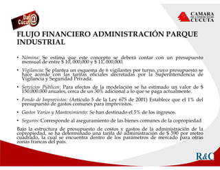 FLUJO FINANCIERO ADMINISTRACIÓN PARQUE
INDUSTRIAL
• Nómina: Se estima que este concepto se deberá contar con un presupuesto
mensual de entre $ 10, 000,000 y $ 11, 000,000.
• Vigilancia: Se plantea un esquema de 6 vigilantes por turno, cuyo presupuesto se
hace acorde con las tarifas oficiales decretadas por la Superintendencia de
Vigilancia y Seguridad Privada.
• Servicios Públicos: Para efectos de la modelación se ha estimado un valor de $
150.000.000 anuales, cerca de un 30% adicional a lo que se paga actualmente.
• Fondo de Imprevistos: (Artículo 5 de la Ley 675 de 2001) Establece que el 1% del
presupuesto de gastos comunes para imprevistos.
• Gastos Varios y Mantenimiento: Se han destinado el 5% de los ingresos.
• Seguros: Corresponde al aseguramiento de las bienes comunes de la copropiedad
Bajo la estructura de presupuesto de costos y gastos de la administración de la
copropiedad, se ha determinado una tarifa de administración de $ 590 por metro
cuadrado, la cual se encuentra dentro de los parámetros de mercado para otras
zonas francas del país.
 