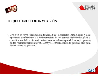 FLUJO FONDO DE INVERSIÓN
• Una vez se haya finalizado la totalidad del desarrollo inmobiliario y esté
operando plenamente la administración de los activos entregados para la
constitución del patrimonio autónomo, se calcula que el Fondo propuesto
podrá recibir recursos entre $ 1.300 y $ 1.400 millones de pesos al año para
llevar a cabo su gestión.
 