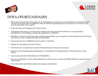 DOFA-OPORTUNIDADES
• Mejor aprovechamiento del espacio de la Zona Franca en el proceso de remodelación y desarrollo bajo
las nuevas normas sismo-resistentes como el NSR-10, logrando que la zona franca se convierta en un
polo de desarrollo de la región.
• Venta de lotes y/o bodegas de la Zona Franca.
• Autogeneración del gas, a través de la construcción del gaseoducto interno con sus respectivas
domiciliarias a las bodegas, sistema de regulación y medición.
• Identificar sectores económicos que resulten prometedores para impulsar el desarrollo de la Zona Franca
de Cúcuta y el de la región de Norte de Santander.
• Exenciones de ICA y PREDIAL del Acuerdo 17 del 2014.
• Beneficios del régimen de Zona Franca.
• Generación de economías de escala al incrementarse el número de usuarios.
• Interés de las entidades gubernamentales y territoriales en el mejoramiento y desarrollo de la zona
franca.
• Apoyo por parte de la Presidencia de la República.
• Recursos aprobados a través del ministerio de comercio por un valor de 8.000 millones de pesos para la
zona franca.
• No existe oferta inmobiliaria dentro de parques industriales.
 
