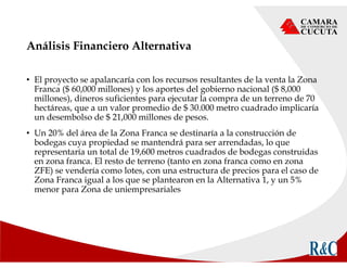 Análisis Financiero Alternativa
• El proyecto se apalancaría con los recursos resultantes de la venta la Zona
Franca ($ 60,000 millones) y los aportes del gobierno nacional ($ 8,000
millones), dineros suficientes para ejecutar la compra de un terreno de 70
hectáreas, que a un valor promedio de $ 30.000 metro cuadrado implicaría
un desembolso de $ 21,000 millones de pesos.
• Un 20% del área de la Zona Franca se destinaría a la construcción de
bodegas cuya propiedad se mantendrá para ser arrendadas, lo que
representaría un total de 19,600 metros cuadrados de bodegas construidas
en zona franca. El resto de terreno (tanto en zona franca como en zona
ZFE) se vendería como lotes, con una estructura de precios para el caso de
Zona Franca igual a los que se plantearon en la Alternativa 1, y un 5%
menor para Zona de uniempresariales
 