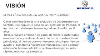 SER EL LÍDER GLOBAL EN ALIMENTOS Y BEBIDAS.
Ganar con Propósito es una evolución de Desempeño con
Sentido. Es el siguiente paso en la trayectoria de PepsiCo, al
aprovechar todo lo que hemos logrado en los últimos 12
años.
Refleja nuestra ambición de ganar de manera sustentable
en el mercado y acelerar el crecimiento de nuestras líneas
principales, al tiempo que mantenemos el compromiso de
ayudar al planeta y a nuestras comunidades. Para alcanzar
esta visión, hemos definido una clara estrategia: ser más
rápidos, más fuertes y mejores.
VISIÓN
 
