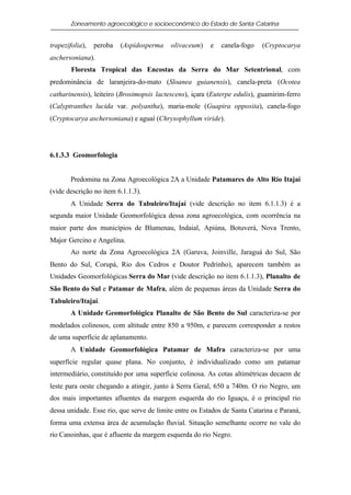 Zoneamento agroecológico e socioeconômico do Estado de Santa Catarina


trapezifolia),   peroba   (Aspidosperma    olivaceum)    e   canela-fogo   (Cryptocarya
aschersoniana).
        Floresta Tropical das Encostas da Serra do Mar Setentrional, com
predominância de laranjeira-do-mato (Sloanea guianensis), canela-preta (Ocotea
catharinensis), leiteiro (Brosimopsis lactescens), içara (Euterpe edulis), guamirim-ferro
(Calyptranthes lucida var. polyantha), maria-mole (Guapira opposita), canela-fogo
(Cryptocarya aschersoniana) e aguaí (Chrysophyllum viride).




6.1.3.3 Geomorfologia


       Predomina na Zona Agroecológica 2A a Unidade Patamares do Alto Rio Itajaí
(vide descrição no item 6.1.1.3).
       A Unidade Serra do Tabuleiro/Itajaí (vide descrição no item 6.1.1.3) é a
segunda maior Unidade Geomorfológica dessa zona agroecológica, com ocorrência na
maior parte dos municípios de Blumenau, Indaial, Apiúna, Botuverá, Nova Trento,
Major Gercino e Angelina.
       Ao norte da Zona Agroecológica 2A (Garuva, Joinville, Jaraguá do Sul, São
Bento do Sul, Corupá, Rio dos Cedros e Doutor Pedrinho), aparecem também as
Unidades Geomorfológicas Serra do Mar (vide descrição no item 6.1.1.3), Planalto de
São Bento do Sul e Patamar de Mafra, além de pequenas áreas da Unidade Serra do
Tabuleiro/Itajaí.
       A Unidade Geomorfológica Planalto de São Bento do Sul caracteriza-se por
modelados colinosos, com altitude entre 850 a 950m, e parecem corresponder a restos
de uma superfície de aplanamento.
       A Unidade Geomorfológica Patamar de Mafra caracteriza-se por uma
superfície regular quase plana. No conjunto, é individualizado como um patamar
intermediário, constituído por uma superfície colinosa. As cotas altimétricas decaem de
leste para oeste chegando a atingir, junto à Serra Geral, 650 a 740m. O rio Negro, um
dos mais importantes afluentes da margem esquerda do rio Iguaçu, é o principal rio
dessa unidade. Esse rio, que serve de limite entre os Estados de Santa Catarina e Paraná,
forma uma extensa área de acumulação fluvial. Situação semelhante ocorre no vale do
rio Canoinhas, que é afluente da margem esquerda do rio Negro.
 