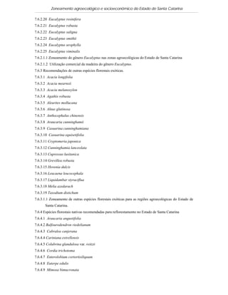 Zoneamento agroecológico e socioeconômico do Estado de Santa Catarina

7.6.2.20 Eucalyptus resinifera
7.6.2.21 Eucalyptus robusta
7.6.2.22 Eucalyptus saligna
7.6.2.23 Eucalyptus smithii
7.6.2.24 Eucalyptus urophylla
7.6.2.25 Eucalyptus viminalis
7.6.2.1.1 Zoneamento do gênero Eucalyptus nas zonas agroecológicas do Estado de Santa Catarina
7.6.2.1.2 Utilização comercial da madeira do gênero Eucalyptus.
7.6.3 Recomendações de outras espécies florestais exóticas.
7.6.3.1 Acacia longifolia
7.6.3.2 Acacia mearnsii
7.6.3.3 Acacia melanoxylon
7.6.3.4 Agathis robusta
7.6.3.5 Aleurites mollucana
7.6.3.6 Alnus glutinosa
7.6.3.7 Anthocephalus chinensis
7.6.3.8 Araucaria cunninghamii
7.6.3.9 Casuarina cunninghamiana
7.6.3.10 Casuarina equisetifolia
7.6.3.11 Cryptomeria japonica
7.6.3.12 Cunninghamia lanceolata
7.6.3.13 Cupressus lusitanica
7.6.3.14 Grevillea robusta
7.6.3.15 Hovenia dulcis
7.6.3.16 Leucaena leucocephala
7.6.3.17 Liquidambar styraciflua
7.6.3.18 Melia azedarach
7.6.3.19 Taxodium distichum
7.6.3.1.1 Zoneamento de outras espécies florestais exóticas para as regiões agroecológicas do Estado de
       Santa Catarina.
7.6.4 Espécies florestais nativas recomendadas para reflorestamento no Estado de Santa Catarina
7.6.4.1 Araucaria angustifolia
7.6.4.2 Balfourodendron riedelianum
7.6.4.3 Cabralea canjerana
7.6.4.4 Cariniana estrellensis
7.6.4.5 Colubrina glandulosa var. reitzii
7.6.4.6 Cordia trichotoma
7.6.4.7 Enterolobium cortortisiliquum
7.6.4.8 Euterpe edulis
7.6.4.9 Mimosa bimucronata
 