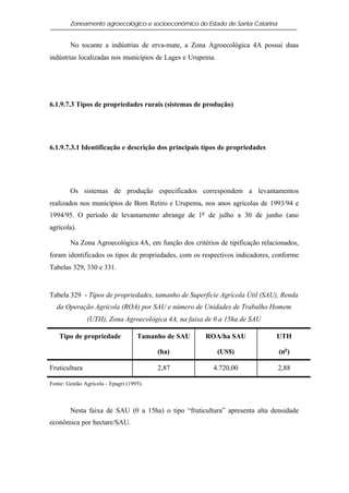 Zoneamento agroecológico e socioeconômico do Estado de Santa Catarina


        No tocante a indústrias de erva-mate, a Zona Agroecológica 4A possui duas
indústrias localizadas nos municípios de Lages e Urupema.




6.1.9.7.3 Tipos de propriedades rurais (sistemas de produção)




6.1.9.7.3.1 Identificação e descrição dos principais tipos de propriedades




        Os sistemas de produção especificados correspondem a levantamentos
realizados nos municípios de Bom Retiro e Urupema, nos anos agrícolas de 1993/94 e
1994/95. O período de levantamento abrange de 1o de julho a 30 de junho (ano
agrícola).

        Na Zona Agroecológica 4A, em função dos critérios de tipificação relacionados,
foram identificados os tipos de propriedades, com os respectivos indicadores, conforme
Tabelas 329, 330 e 331.


Tabela 329 - Tipos de propriedades, tamanho de Superfície Agrícola Útil (SAU), Renda
  da Operação Agrícola (ROA) por SAU e número de Unidades de Trabalho Homem
               (UTH), Zona Agroecológica 4A, na faixa de 0 a 15ha de SAU

    Tipo de propriedade             Tamanho de SAU    ROA/ha SAU              UTH

                                          (ha)              (US$)               (no )

Fruticultura                              2,87          4.720,00                2,88

Fonte: Gestão Agrícola - Epagri (1995).



        Nesta faixa de SAU (0 a 15ha) o tipo “fruticultura” apresenta alta densidade
econômica por hectare/SAU.
 