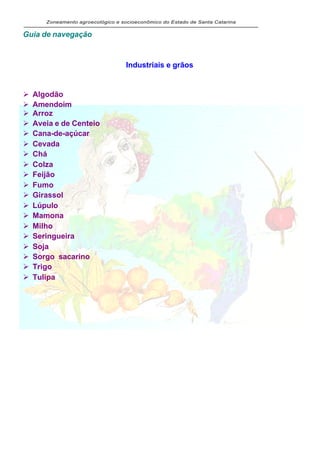 Zoneamento agroecológico e socioeconômico do Estado de Santa Catarina


Guia de navegação



                                    Industriais e grãos

                                                               Tópico anterior
Ø   Algodão
Ø   Amendoim
Ø   Arroz
Ø   Aveia e de Centeio
Ø   Cana-de-açúcar
Ø   Cevada
Ø   Chá
Ø   Colza
Ø   Feijão
Ø   Fumo
Ø   Girassol
Ø   Lúpulo
Ø   Mamona
Ø   Milho
Ø   Seringueira
Ø   Soja
Ø   Sorgo sacarino
Ø   Trigo
Ø   Tulipa
 