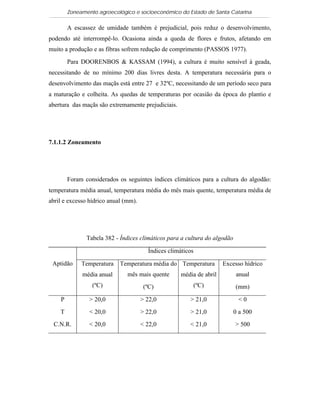 Zoneamento agroecológico e socioeconômico do Estado de Santa Catarina

        A escassez de umidade também é prejudicial, pois reduz o desenvolvimento,
podendo até interrompê-lo. Ocasiona ainda a queda de flores e frutos, afetando em
muito a produção e as fibras sofrem redução de comprimento (PASSOS 1977).

        Para DOORENBOS & KASSAM (1994), a cultura é muito sensível à geada,
necessitando de no mínimo 200 dias livres desta. A temperatura necessária para o
desenvolvimento das maçãs está entre 27 e 32ºC, necessitando de um período seco para
a maturação e colheita. As quedas de temperaturas por ocasião da época do plantio e
abertura das maçãs são extremamente prejudiciais.




7.1.1.2 Zoneamento




        Foram considerados os seguintes índices climáticos para a cultura do algodão:
temperatura média anual, temperatura média do mês mais quente, temperatura média de
abril e excesso hídrico anual (mm).




               Tabela 382 - Índices climáticos para a cultura do algodão

                                        Índices climáticos

 Aptidão     Temperatura    Temperatura média do Temperatura          Excesso hídrico
             média anual       mês mais quente       média de abril        anual
                 (ºC)                  (ºC)              (ºC)              (mm)

    P           > 20,0                > 22,0            > 21,0              <0
    T           < 20,0                > 22,0            > 21,0             0 a 500
 C.N.R.         < 20,0                < 22,0            < 21,0             > 500
 