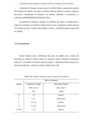 Zoneamento agroecológico e socioeconômico do Estado de Santa Catarina

         O período de floração é muito sensível ao déficit hídrico, seguido pelo período
de formação da colheita. Em geral, os déficits hídricos durante o período vegetativo
provocam o retardamento da floração e da colheita, reduzindo o crescimento e o
rendimento (DOOREMBOS & KASSAM 1994).

         Os parâmetros climáticos adotados na definição das faixas de aptidão para a
cultura do amendoim no Estado de Minas Gerais foram: temperatura média anual de
19°C, abaixo da qual a cultura sofre carência térmica, e deficiência hídrica anual entre
0 e 150mm.




7.1.2.2 Zoneamento




         Foram adotados para a delimitação das áreas de aptidão para a cultura do
amendoim no Estado de Santa Catarina os seguintes índices climáticos: temperatura
média (ºC) de outubro a fevereiro (ciclo da cultura) e deficiência hídrica de janeiro e
fevereiro (maturação - colheita), conforme Tabelas 384 e 385.




               Tabela 384 - Índices climáticos para a cultura do amendoim

                                          Índices climáticos

  Aptidão         Temperatura média                    Deficiência hídrica
                     (Out. a fev.)                        (Jan. a fev.)
                         (ºC)                                  (mm)

     P                   > 21                                  Ocorre
     T                   > 21                             Não ocorre
     T                  17 a 21                                Ocorre
     T                  17 a 21                            Não ocorre
   C.N.R                 < 17                                  Ocorre
 