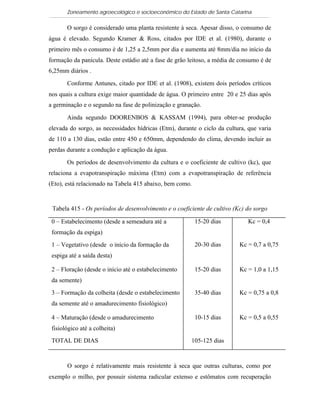 Zoneamento agroecológico e socioeconômico do Estado de Santa Catarina

       O sorgo é considerado uma planta resistente à seca. Apesar disso, o consumo de
água é elevado. Segundo Kramer & Ross, citados por IDE et al. (1980), durante o
primeiro mês o consumo é de 1,25 a 2,5mm por dia e aumenta até 8mm/dia no início da
formação da panícula. Deste estádio até a fase de grão leitoso, a média de consumo é de
6,25mm diários .

       Conforme Antunes, citado por IDE et al. (1908), existem dois períodos críticos
nos quais a cultura exige maior quantidade de água. O primeiro entre 20 e 25 dias após
a germinação e o segundo na fase de polinização e granação.

       Ainda segundo DOORENBOS & KASSAM (1994), para obter-se produção
elevada do sorgo, as necessidades hídricas (Etm), durante o ciclo da cultura, que varia
de 110 a 130 dias, estão entre 450 e 650mm, dependendo do clima, devendo incluir as
perdas durante a condução e aplicação da água.

       Os períodos de desenvolvimento da cultura e o coeficiente de cultivo (kc), que
relaciona a evapotranspiração máxima (Etm) com a evapotranspiração de referência
(Eto), está relacionado na Tabela 415 abaixo, bem como.


 Tabela 415 - Os períodos de desenvolvimento e o coeficiente de cultivo (Kc) do sorgo

 0 – Estabelecimento (desde a semeadura até a             15-20 dias          Kc = 0,4
 formação da espiga)
 1 – Vegetativo (desde o início da formação da            20-30 dias      Kc = 0,7 a 0,75
 espiga até a saída desta)

 2 – Floração (desde o início até o estabelecimento       15-20 dias      Kc = 1,0 a 1,15
 da semente)
 3 – Formação da colheita (desde o estabelecimento        35-40 dias      Kc = 0,75 a 0,8
 da semente até o amadurecimento fisiológico)

 4 – Maturação (desde o amadurecimento                    10-15 dias      Kc = 0,5 a 0,55
 fisiológico até a colheita)
 TOTAL DE DIAS                                         105-125 dias



       O sorgo é relativamente mais resistente à seca que outras culturas, como por
exemplo o milho, por possuir sistema radicular extenso e estômatos com recuperação
 