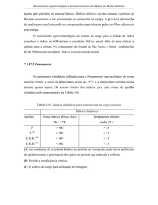 Zoneamento agroecológico e socioeconômico do Estado de Santa Catarina


rápida após períodos de estresse hídrico. Déficits hídricos severos durante o período de
floração ocasionam a não polinização ou secamento da espiga. A provável diminuição
de rendimento resultante pode ser compensadora parcialmente pelos perfilhos adicionais
com espiga.

         O zoneamento agroclimatológico da cultura do sorgo para o Estado da Bahia
considera o índice de 600mm/ano o excedente hídrico anual, afim de para indicar a
aptidão para a cultura. No zoneamento do Estado de São Paulo, o limite estabelecido
foi de 500mm/ano excedente hídrico excessivamente úmido.


7.1.17.2 Zoneamento


         Os parâmetros climáticos utilizados para o Zoneamento Agroecológico do sorgo
sacarino foram: a soma da temperatura acima de 15°C e a temperatura mínima média
durante quatro meses. Os valores limites dos índices para cada classe de aptidão
climática estão representados na Tabela 416.


            Tabela 416 - Índices climáticos para zoneamento do sorgo sacarino

                                          Índices climáticos
Aptidão         Soma térmica (Graus-dias)              Temperatura mínima
                        Tb = 15ºC                              média (°C)
     P                    > 600                                  > 15
    T (A)                 > 600                                  > 13
 C.N.R. (B)               < 600                                  > 13
 C.N.R. (C)               < 600                                  < 13
(A) em condições de excedente hídrico no período de maturação, pode haver problemas
de apodrecimento e germinação dos grãos no período que antecede a colheita.
(B) Devido a insuficiência térmica.
(C) O cultivo do sorgo para utilização de forragem.
 