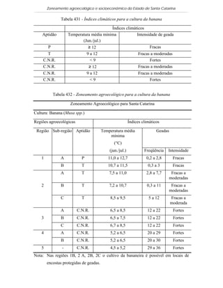 Zoneamento agroecológico e socioeconômico do Estado de Santa Catarina

                Tabela 431 - Índices climáticos para a cultura da banana

                                          Índices climáticos
    Aptidão         Temperatura média mínima            Intensidade de geada
                           (Jun./jul.)
        P                     ≥ 12                             Fracas
      T                        9 a 12                           Fracas a moderadas
    C.N.R.                       <9                                   Fortes
    C.N.R.                      ≥ 12                            Fracas a moderadas
    C.N.R.                     9 a 12                           Fracas a moderadas
    C.N.R.                       <9                                   Fortes


            Tabela 432 - Zoneamento agroecológico para a cultura da banana

                     Zoneamento Agroecológico para Santa Catarina

Cultura: Banana (Musa spp.)

Regiões agroecológicas                                     Índices climáticos

 Região Sub-região Aptidão               Temperatura média                 Geadas
                                             mínima
                                               (°C)
                                             (jun./jul.)            Freqüência   Intensidade
    1           A          P                11,0 a 12,7              0,2 a 2,8       Fracas
                B          T                10,7 a 11,5               0,3 a 3        Fracas
                A          T                 7,5 a 11,0              2,8 a 7,7    Fracas a
                                                                                 moderadas
    2           B          T                 7,2 a 10,7              0,3 a 11     Fracas a
                                                                                 moderadas
                C          T                 8,5 a 9,5                5 a 12        Fracas a
                                                                                    moderada
                A        C.N.R.              6,5 a 8,5                12 a 22        Fortes
    3           B        C.N.R.              6,5 a 7,5                12 a 22        Fortes
                C        C.N.R.              6,7 a 8,5                12 a 22        Fortes
    4           A        C.N.R.              5,2 a 6,5                20 a 29        Fortes
                B        C.N.R.              5,2 a 6,5                20 a 30        Fortes
    5           -        C.N.R.              4,5 a 5,2                29 a 36        Fortes
Nota: Nas regiões 1B, 2 A, 2B, 2C o cultivo da bananeira é possível em locais de
        encostas protegidas de geadas.
 