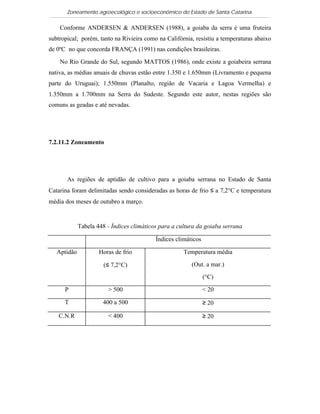 Zoneamento agroecológico e socioeconômico do Estado de Santa Catarina

    Conforme ANDERSEN & ANDERSEN (1988), a goiaba da serra é uma fruteira
subtropical; porém, tanto na Rivieira como na Califórnia, resistiu a temperaturas abaixo
de 0ºC no que concorda FRANÇA (1991) nas condições brasileiras.

    No Rio Grande do Sul, segundo MATTOS (1986), onde existe a goiabeira serrana
nativa, as médias anuais de chuvas estão entre 1.350 e 1.650mm (Livramento e pequena
parte do Uruguai); 1.550mm (Planalto, região de Vacaria e Lagoa Vermelha) e
1.350mm a 1.700mm na Serra do Sudeste. Segundo este autor, nestas regiões são
comuns as geadas e até nevadas.




7.2.11.2 Zoneamento




       As regiões de aptidão de cultivo para a goiaba serrana no Estado de Santa
Catarina foram delimitadas sendo consideradas as horas de frio ≤ a 7,2°C e temperatura
média dos meses de outubro a março.


             Tabela 448 - Índices climáticos para a cultura da goiaba serrana

                                           Índices climáticos

   Aptidão           Horas de frio                    Temperatura média

                       (≤ 7,2°C)                         (Out. a mar.)
                                                                (°C)

      P                 > 500                                   < 20

      T               400 a 500                                 ≥ 20

   C.N.R                < 400                                   ≥ 20
 