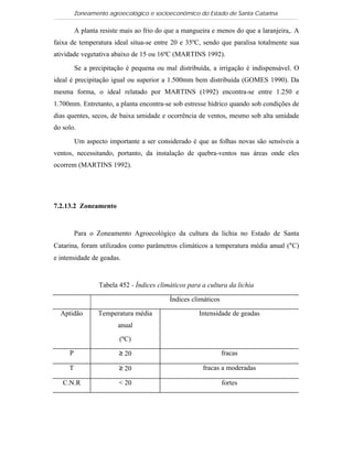 Zoneamento agroecológico e socioeconômico do Estado de Santa Catarina

         A planta resiste mais ao frio do que a mangueira e menos do que a laranjeira,. A
faixa de temperatura ideal situa-se entre 20 e 35ºC, sendo que paralisa totalmente sua
atividade vegetativa abaixo de 15 ou 16ºC (MARTINS 1992).

         Se a precipitação é pequena ou mal distribuída, a irrigação é indispensável. O
ideal é precipitação igual ou superior a 1.500mm bem distribuída (GOMES 1990). Da
mesma forma, o ideal relatado por MARTINS (1992) encontra-se entre 1.250 e
1.700mm. Entretanto, a planta encontra-se sob estresse hídrico quando sob condições de
dias quentes, secos, de baixa umidade e ocorrência de ventos, mesmo sob alta umidade
do solo.

         Um aspecto importante a ser considerado é que as folhas novas são sensíveis a
ventos, necessitando, portanto, da instalação de quebra-ventos nas áreas onde eles
ocorrem (MARTINS 1992).




7.2.13.2 Zoneamento


         Para o Zoneamento Agroecológico da cultura da lichia no Estado de Santa
Catarina, foram utilizados como parâmetros climáticos a temperatura média anual (°C)
e intensidade de geadas.


                 Tabela 452 - Índices climáticos para a cultura da lichia

                                          Índices climáticos

  Aptidão        Temperatura média                   Intensidade de geadas
                        anual
                         (ºC)

     P                  ≥ 20                                   fracas

     T                  ≥ 20                          fracas a moderadas

   C.N.R                < 20                                   fortes
 