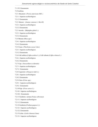 Zoneamento agroecológico e socioeconômico do Estado de Santa Catarina

7.1.19.2 Zoneamento
7.2 Frutíferas
7.2.1 Abacateiro (Persea americana Mill. )
7.2.1.1 Aspectos ecofisiológicos
7.2.1.2 Zoneamento
7.2.2 Abacaxi (Ananas comosus L. Merrill)
7.2.2.1 Aspectos ecofisiológicos
7.2.2.2 Zoneamento
7.2.3 Acerola (Malpighia glaba L.)
7.2.3.1 Aspectos ecofisiológicos
7.2.3.2 Zoneamento
7.2.4 Banana (Musa spp.)
7.2.4.1 Aspectos ecofisiológicos
7.2.4.2 Zoneamento
7.2.5 Cacau (Theoboma cacau, Linn.)
7.2.5.1 Aspectos ecofisiológicos
7.2.5.2 Zoneamento
7.2.6 Café arábica (Coffea arabica L.); Café robusta (Coffea robusta L.)
7.2.6.1 Aspectos ecofisiológicos
7.2.6.2 Zoneamento
7.2.7 Caju (Anacardium occidentale)
7.2.7.1 Aspectos ecofisiológicos
7.2.7.2 Zoneamento
7.2.8 Caquizeiro (Diospyros kaki L.)
7.2.8.1 Aspectos ecofisiológicos
7.2.8.2 Zoneamento
7.2.9 Citros (Citrus spp.)
7.2.9.1 Aspectos ecofisiológicos
7.2.9.2 Zoneamento
7.2.10 Figo (Ficus carica L.)
7.2.10.1 Aspectos ecofisiólogicos
7.2.10.2 Zoneamento
7.2.11 Goiabeira serrana (Feijoa selloviana)
7.2.11.1 Aspectos ecofisiológicos
7.2.11.2 Zoneamento
7.2.12 Goiabeira (Psidium guajava L.)
7.2.12.1 Aspectos ecofisiológicos
7.2.12.2 Zoneamento
7.2.13 Lichia (Litchi chinensis Sonn)
7.2.13.1 Aspectos ecofisiológicos
 