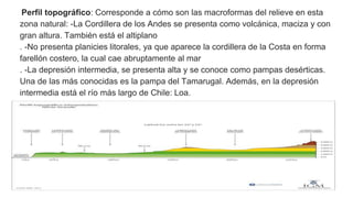 Perfil topográfico: Corresponde a cómo son las macroformas del relieve en esta
zona natural: -La Cordillera de los Andes se presenta como volcánica, maciza y con
gran altura. También está el altiplano
. -No presenta planicies litorales, ya que aparece la cordillera de la Costa en forma
farellón costero, la cual cae abruptamente al mar
. -La depresión intermedia, se presenta alta y se conoce como pampas desérticas.
Una de las más conocidas es la pampa del Tamarugal. Además, en la depresión
intermedia está el río más largo de Chile: Loa.
 