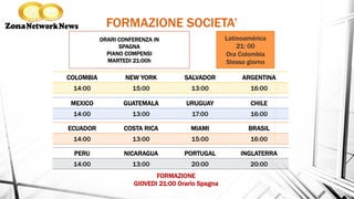 COLOMBIA NEW YORK SALVADOR ARGENTINA
14:00 15:00 13:00 16:00
MEXICO GUATEMALA URUGUAY CHILE
14:00 13:00 17:00 16:00
ECUADOR COSTA RICA MIAMI BRASIL
14:00 13:00 15:00 16:00
PERU NICARAGUA PORTUGAL INGLATERRA
14:00 13:00 20:00 20:00
ORARI CONFERENZA IN
SPAGNA
PIANO COMPENSI
MARTEDI 21:00h
FORMAZIONE
GIOVEDI 21:00 Orario Spagna
FORMAZIONE SOCIETA’
Latinoamérica
21: 00
Ora Colombia
Stesso giorno
 