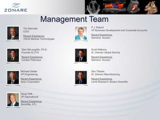 Management Team
  Tim Marcotte                P.J. Ryland
  COO                         VP Business Development and Corporate Accounts

  Recent Experience:          Recent Experience:
  VNUS Medical Technologies   Siemens, Acuson



Glen McLaughlin, Ph.D.        Scott Williams
Founder & CTO                 Sr. Director Global Service
Recent Experience:            Recent Experience:
Cardiac Pathways              Siemens, Acuson



Michael Gabler                Dan Tibbets
VP Engineering                Sr. Director Manufacturing
Recent Experience:            Recent Experience:
Aptix Corporation             Lamb Research, Boston Scientific



Doug Tefft
VP International
Recent Experience:
SonoSite, ATL
 